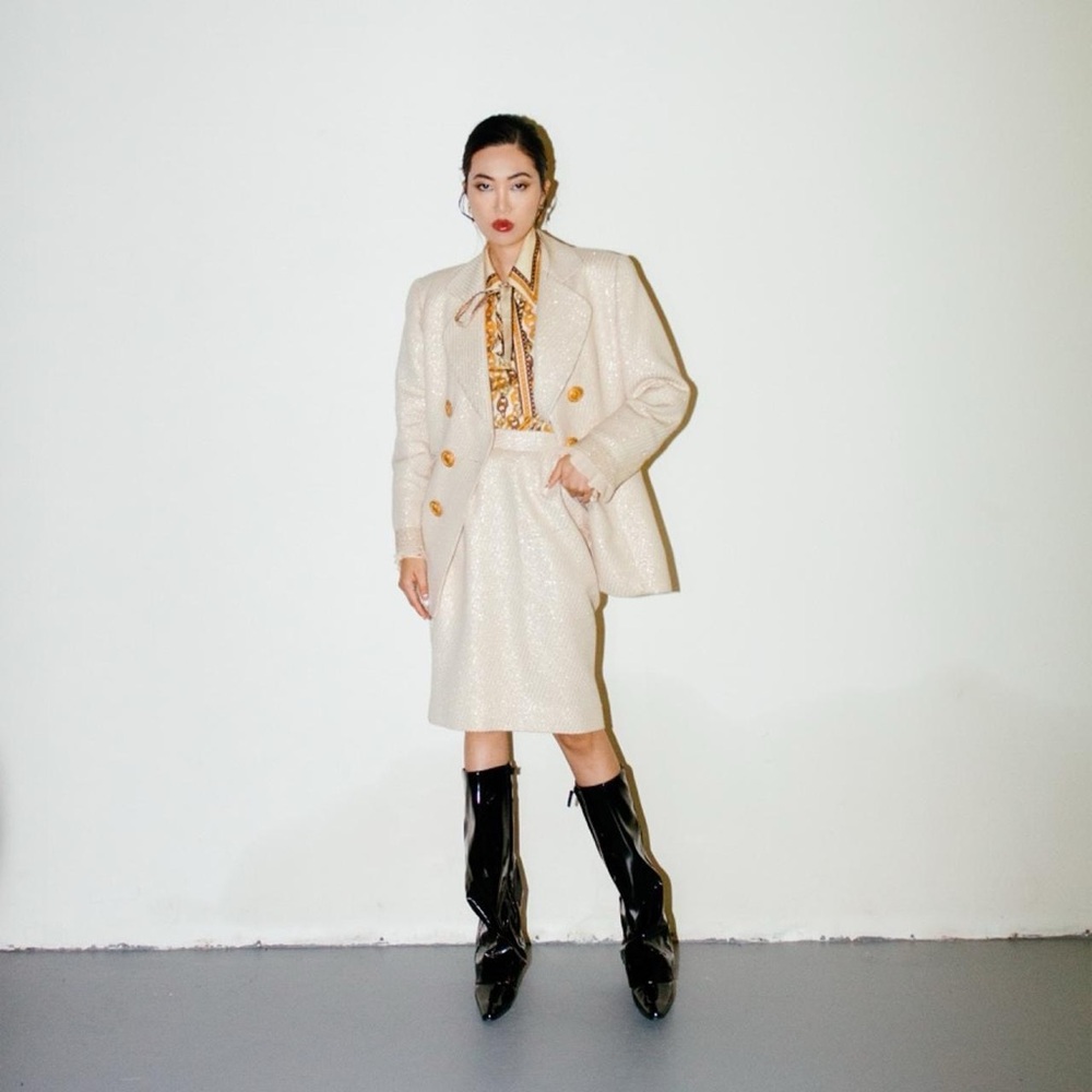 RARE 80s Boutique Gold Tweed Blazer & Skirt 2-pc Set